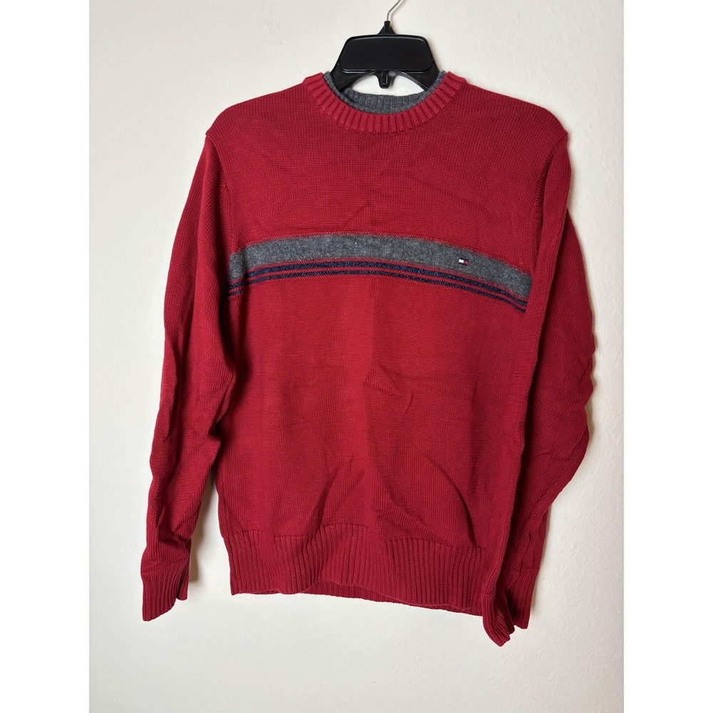 Tommy Hilfiger Sweater Mens Medium Red Gray Crewneck Pullover Knit Classic Logo‎